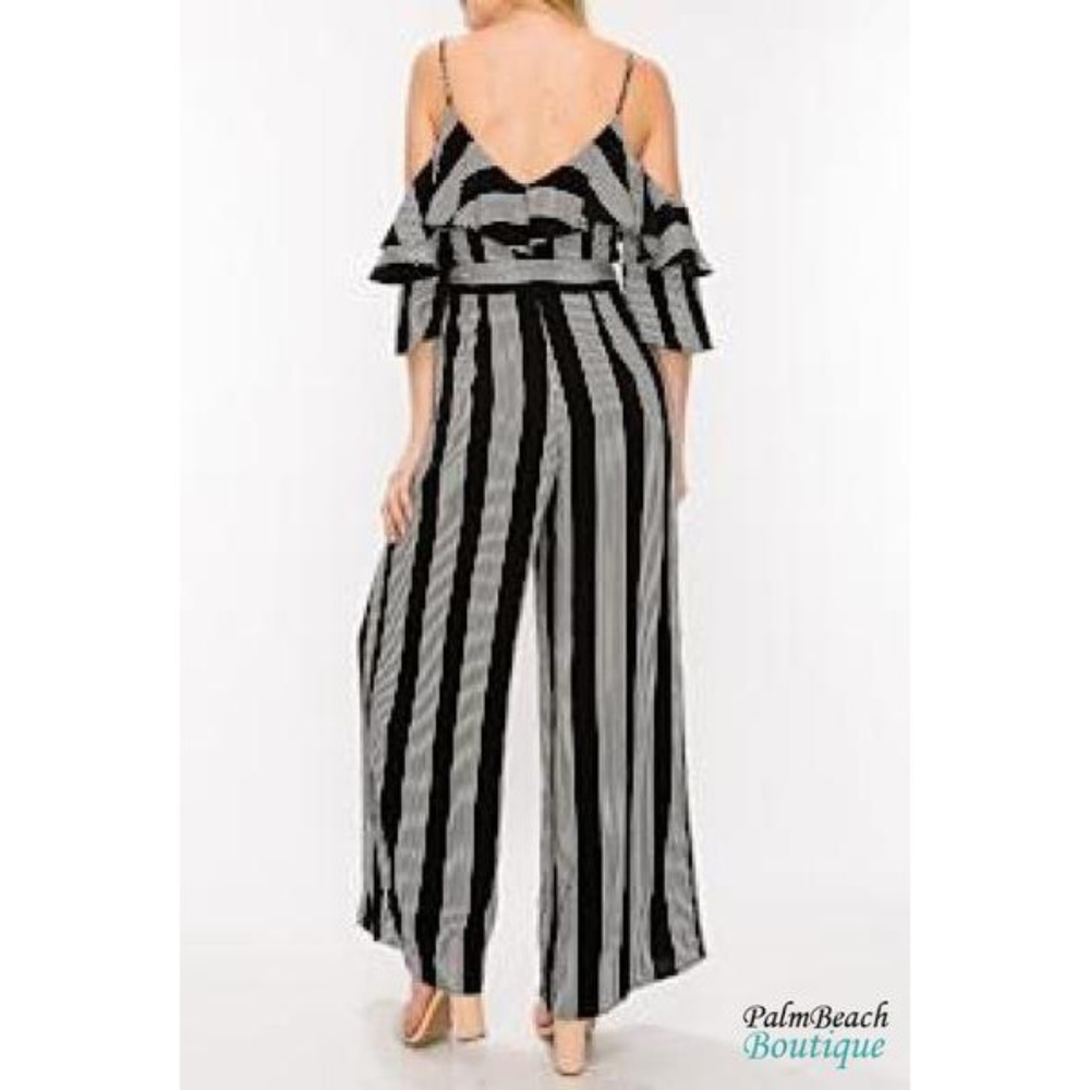 Cold Shoulder Jumpsuit-Black/White - Picture 3 of 3